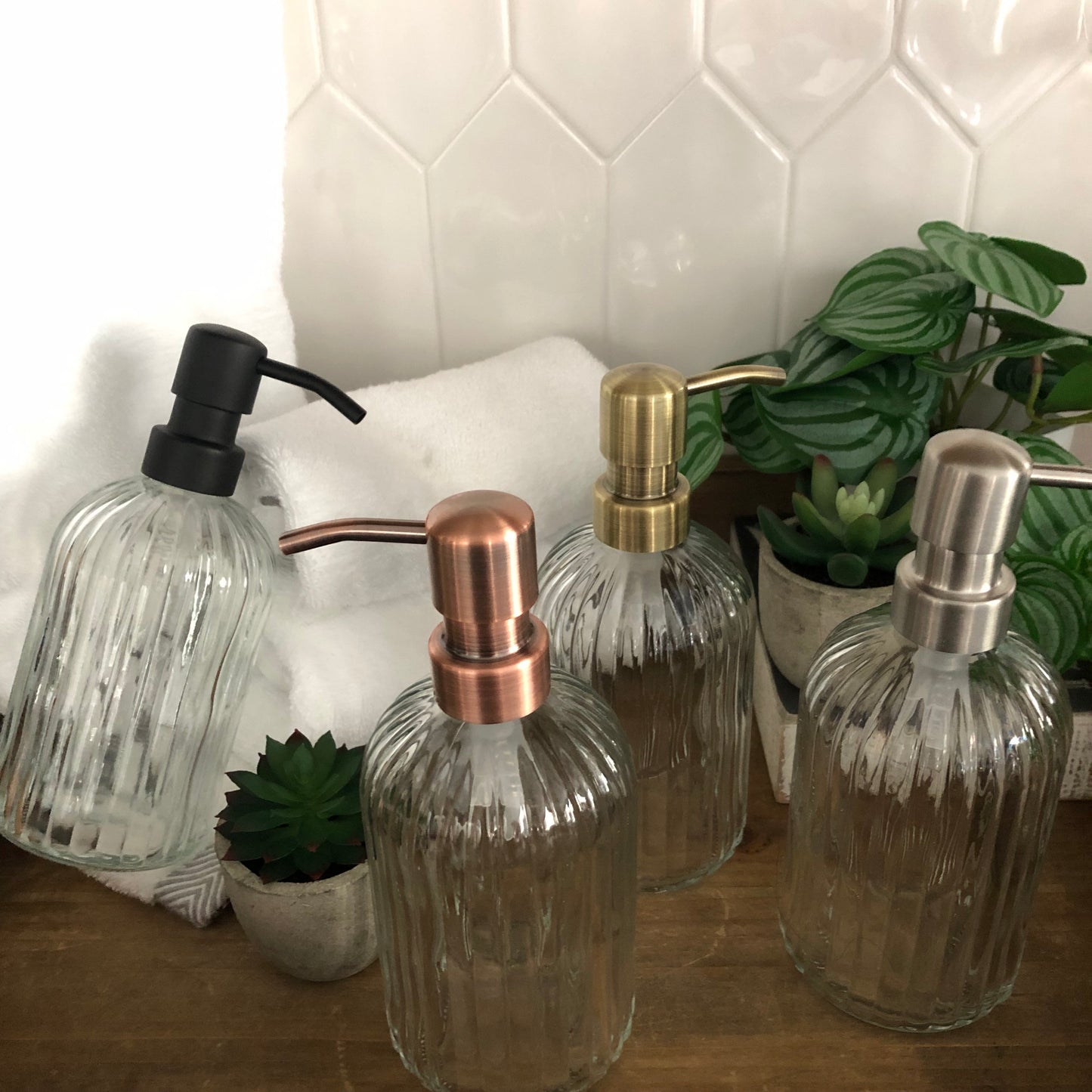 Winslow Glass Soap Dispenser – 12oz / 350ml Ribbed Fluted Round Bottle with Stainless Steel Pump