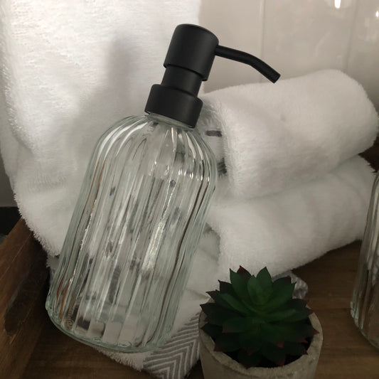 Winslow Glass Soap Dispenser – 12oz / 350ml Ribbed Fluted Round Bottle with Stainless Steel Pump