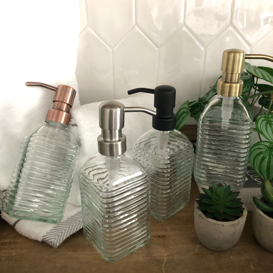 The Hive Glass Soap Dispenser – Fluted Square Design, Vintage Ribbed Glass Bottle