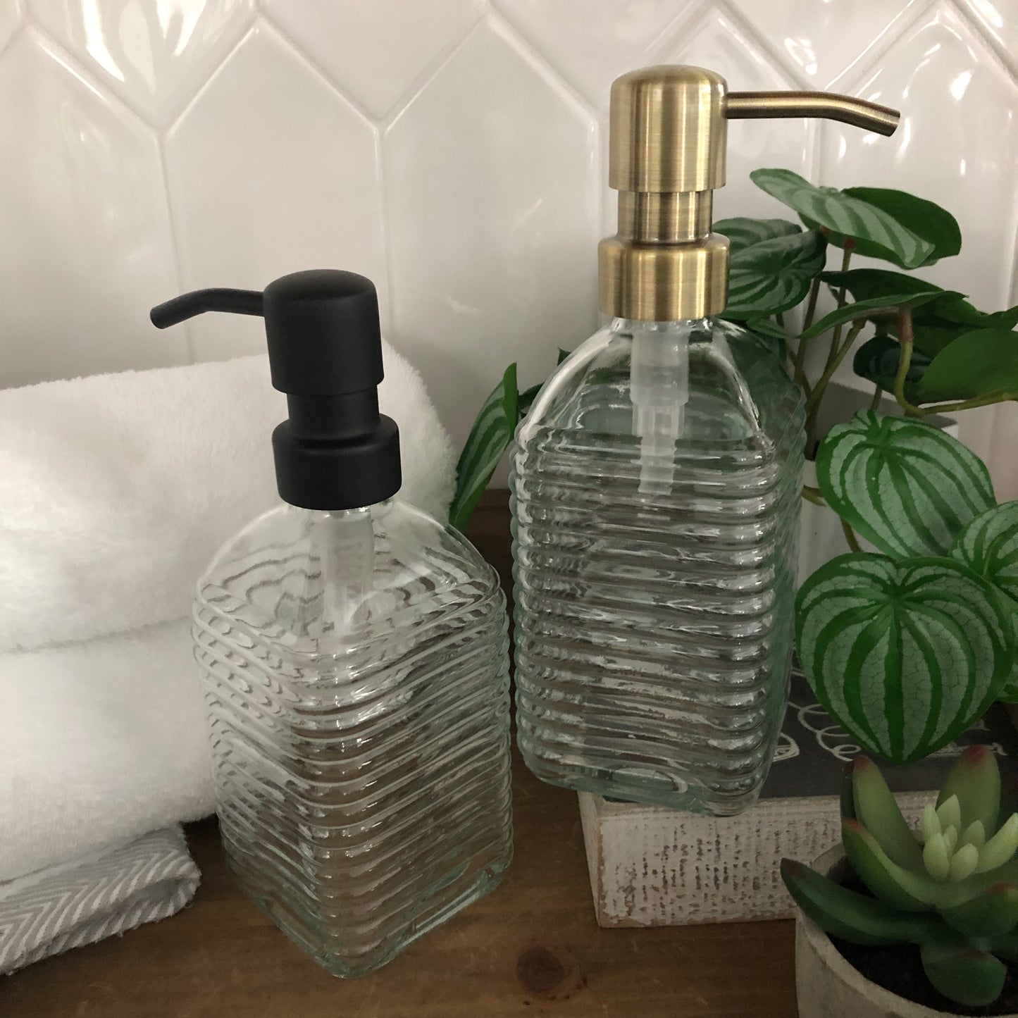 The Hive Glass Soap Dispenser – Fluted Square Design, Vintage Ribbed Glass Bottle