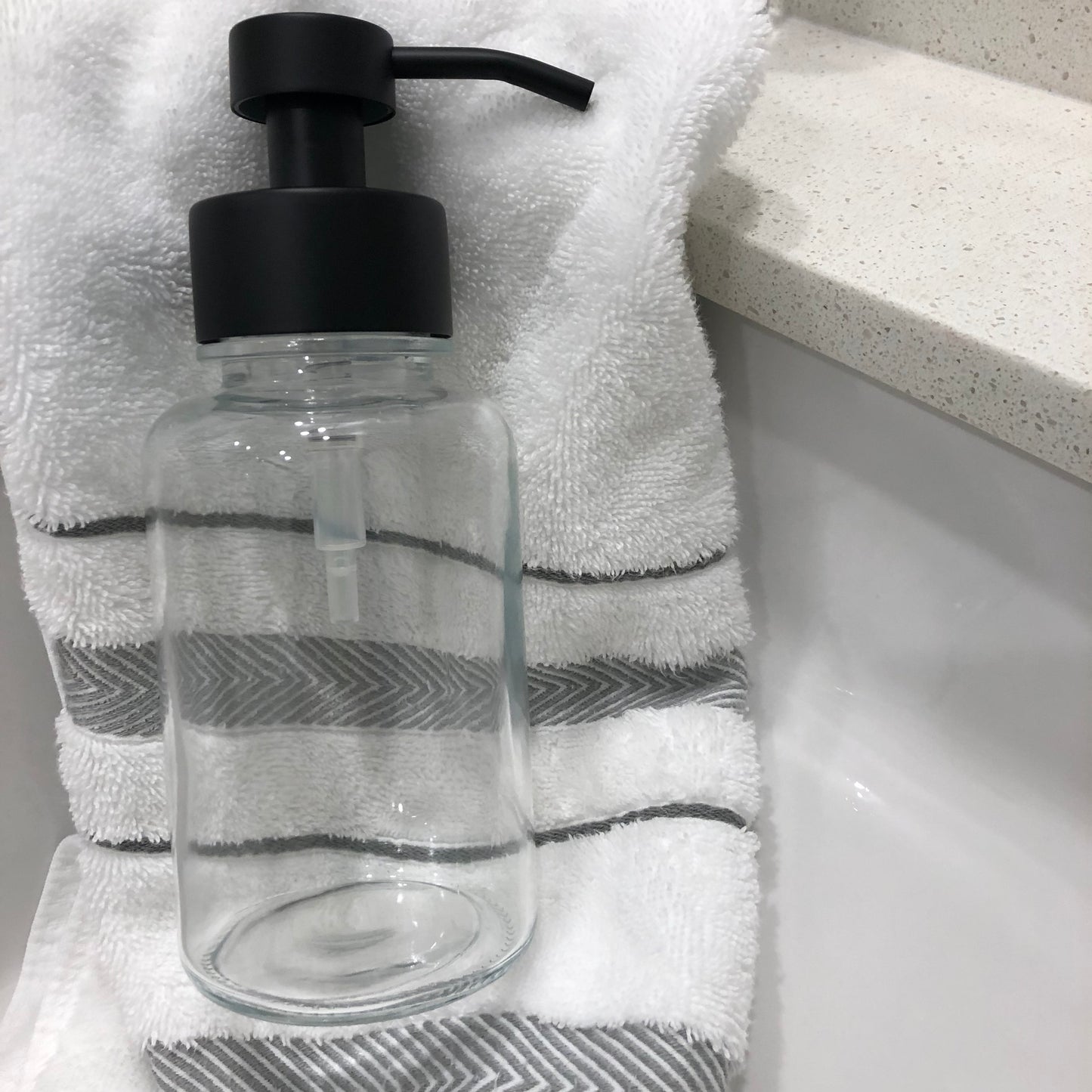 Hollis Glass Foaming Soap Dispenser 400ML| Black Stainless Steel Pump, Refillable Bottle, Apothecary Decor
