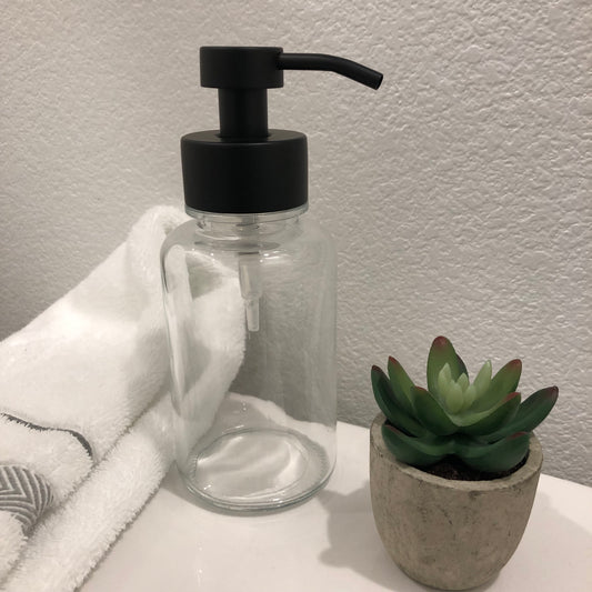 Hollis Glass Foaming Soap Dispenser 400ML| Black Stainless Steel Pump, Refillable Bottle, Apothecary Decor