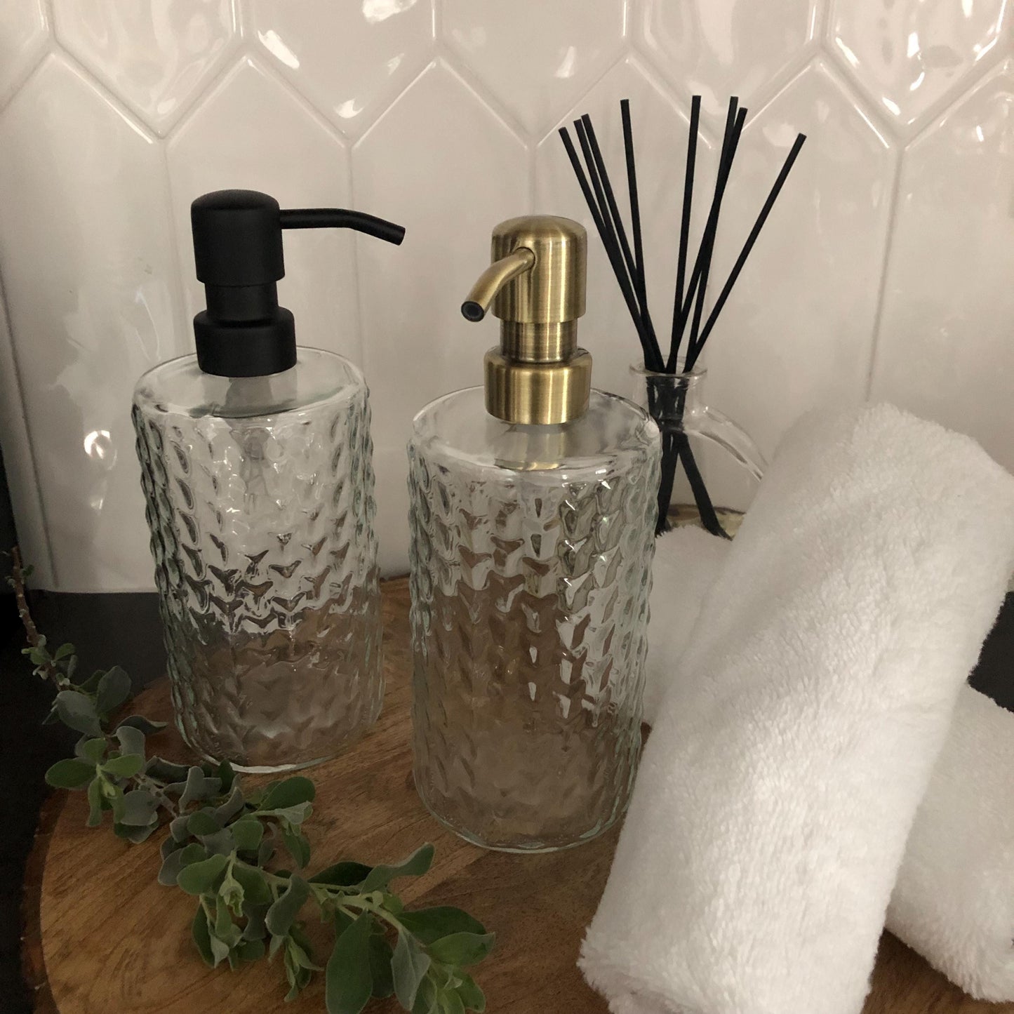 Branch Glass Soap Dispenser – Spiral Fluted Textured Bottle with Stainless Steel Pump