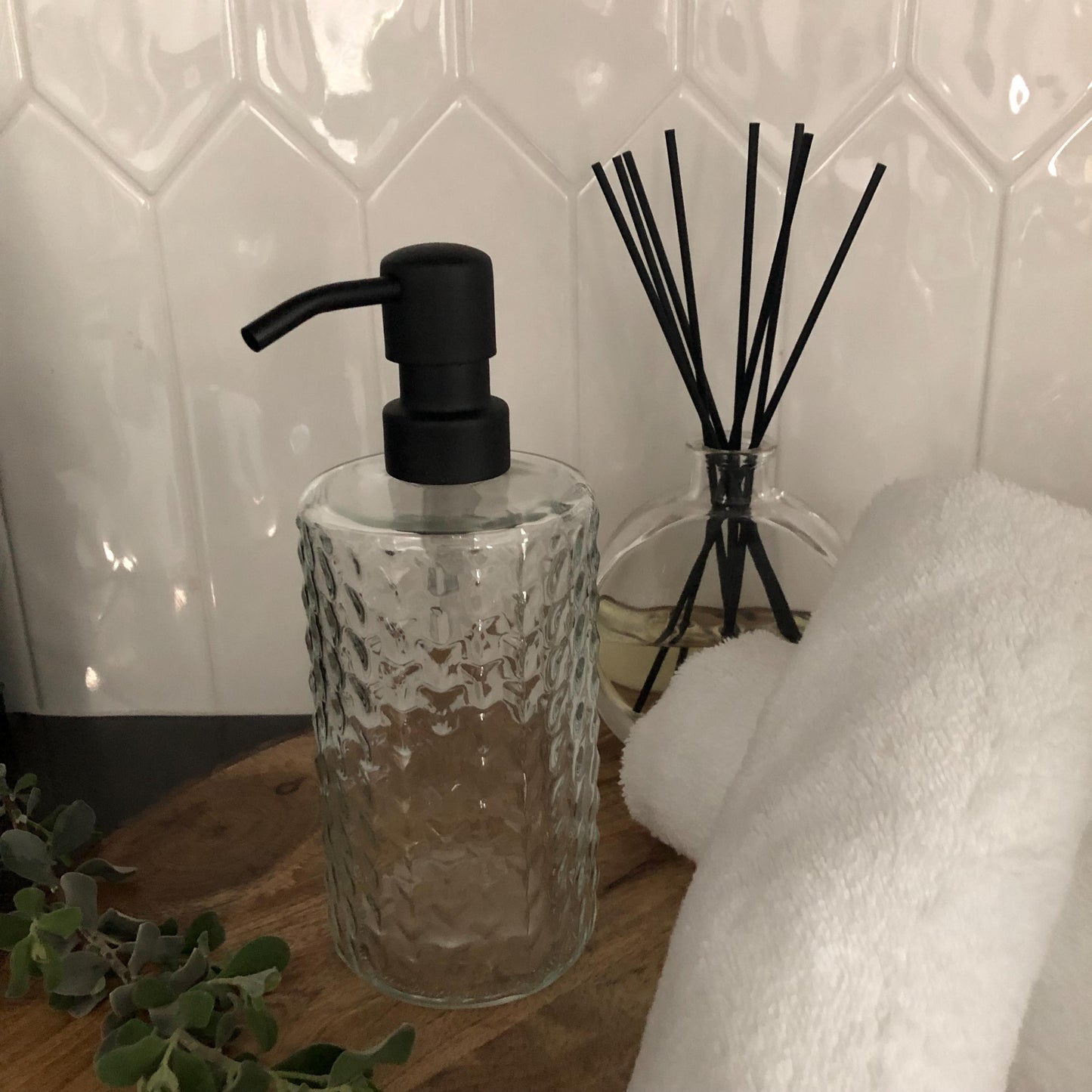 Branch Glass Soap Dispenser – Spiral Fluted Textured Bottle with Stainless Steel Pump