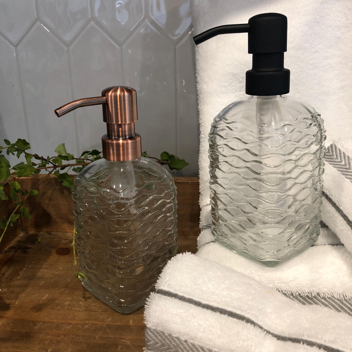 Cascade Glass Soap Dispenser – 12oz / 350ml Wavy Fluted square Bottle with Stainless Steel Pump