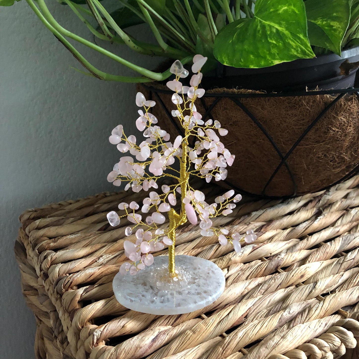 Rose Quartz Crystal Feng Shui Tree – Agate Base, Good Luck & Positive Energy, Home Decor