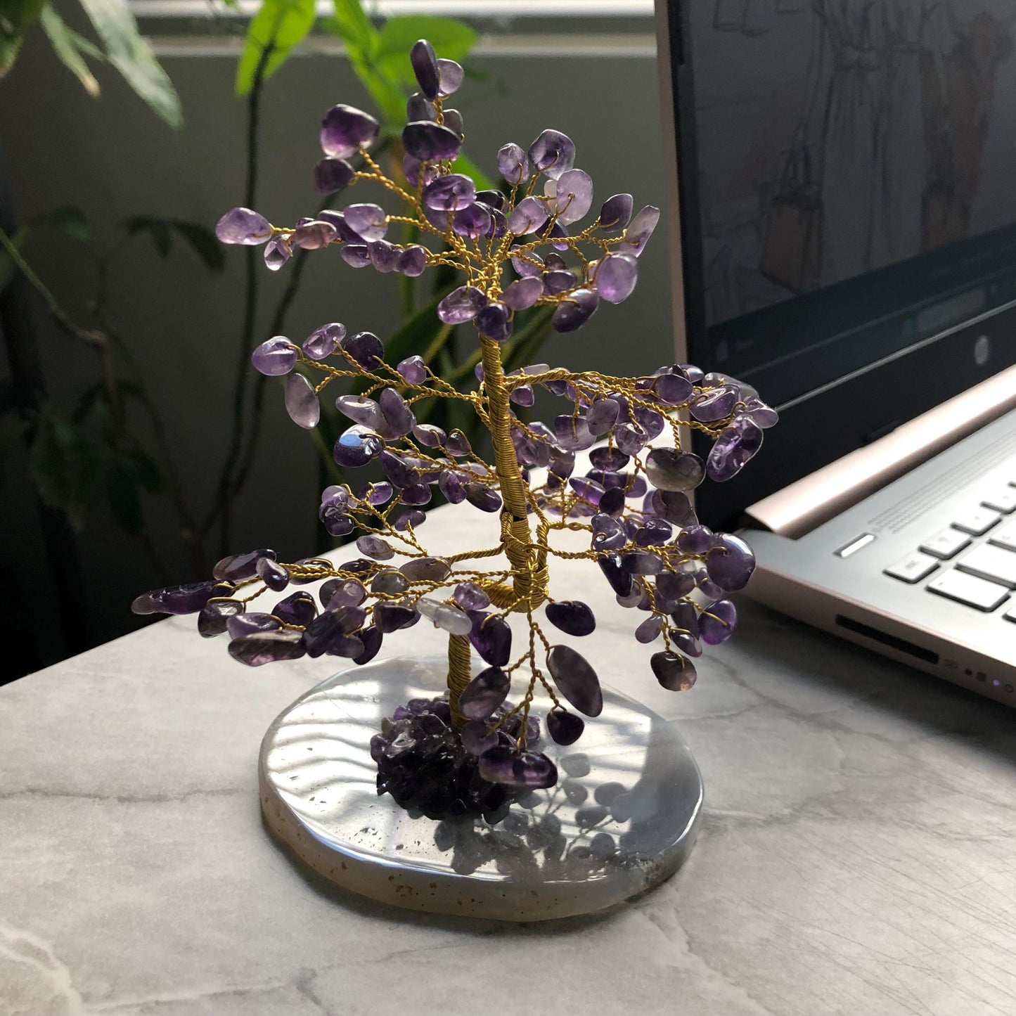 Amethyst Crystal Feng Shui Tree – Agate Base, Healing & Positive Energy, Home Decor, Spiritual Gift