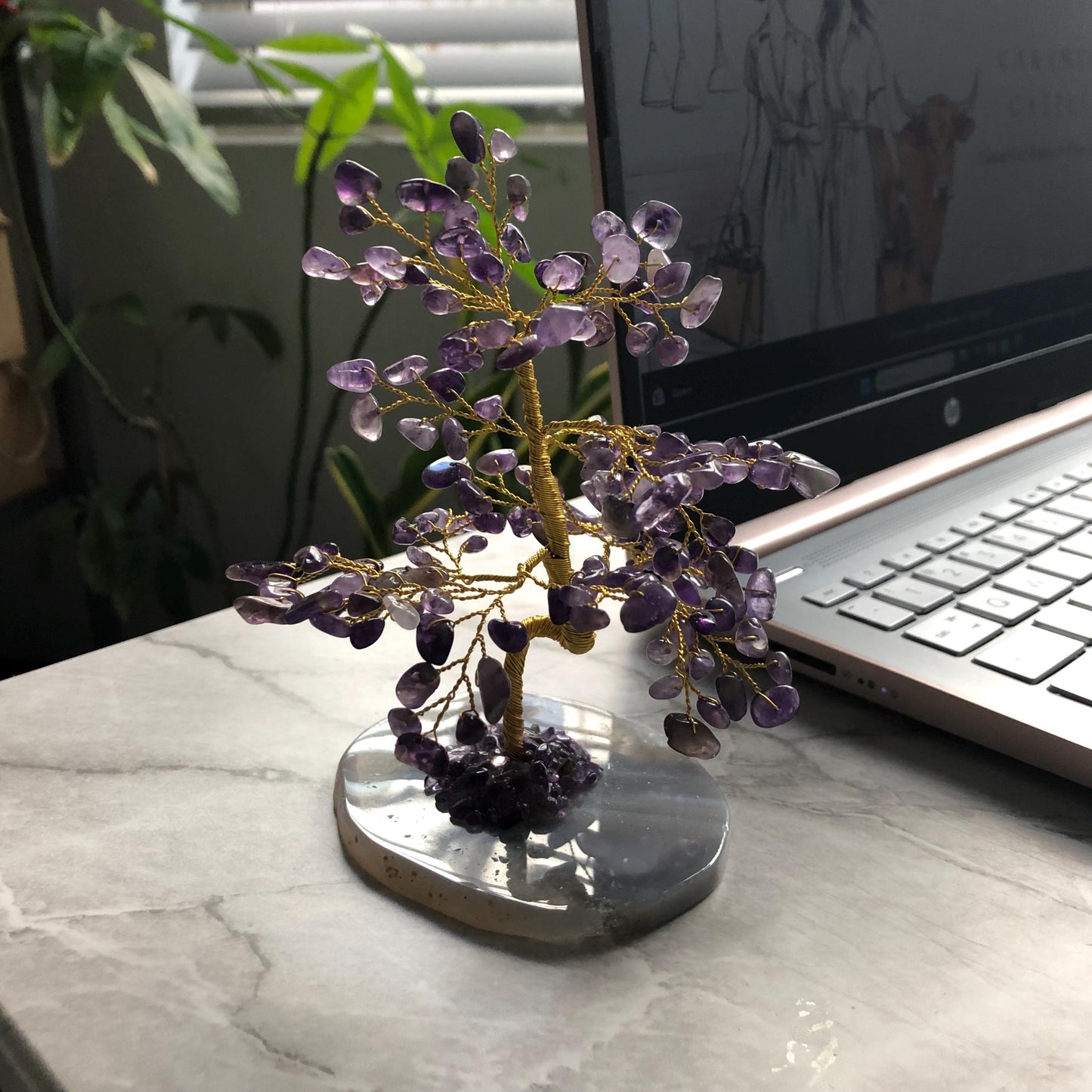 Amethyst Crystal Feng Shui Tree – Agate Base, Healing & Positive Energy, Home Decor, Spiritual Gift