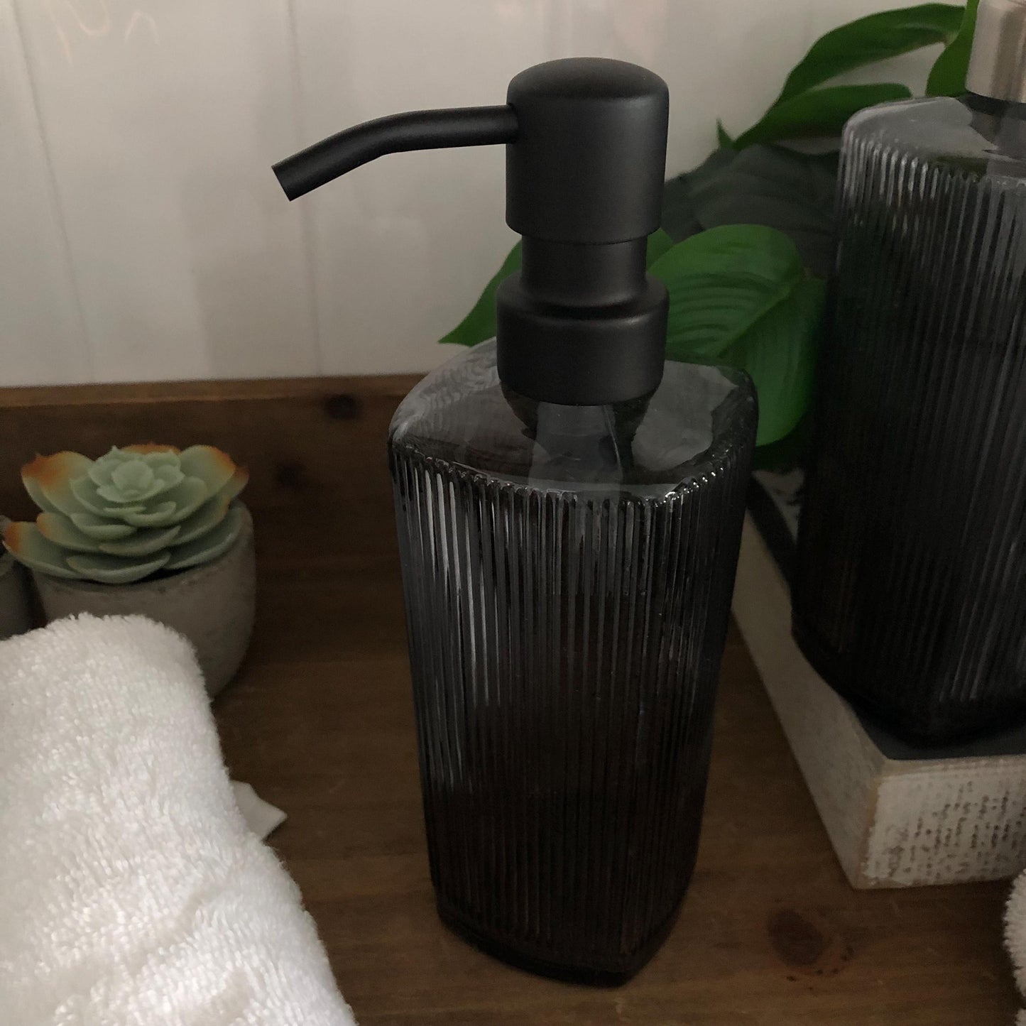 Winslow Fluted Glass Soap Dispenser – Ribbed Parisian Style, Refillable Stainless Steel Pump, Bathroom Decor