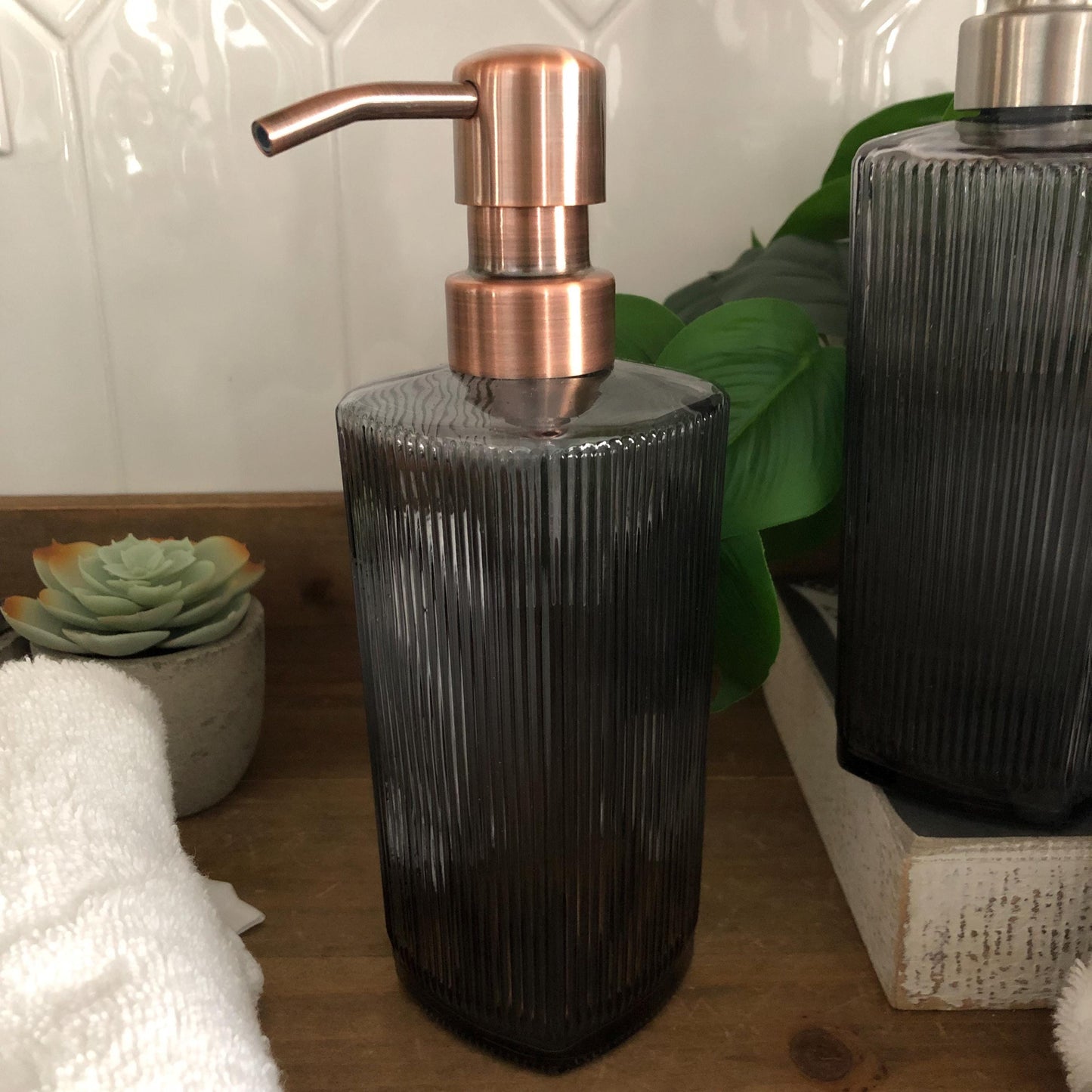 Winslow Fluted Glass Soap Dispenser – Ribbed Parisian Style, Refillable Stainless Steel Pump, Bathroom Decor