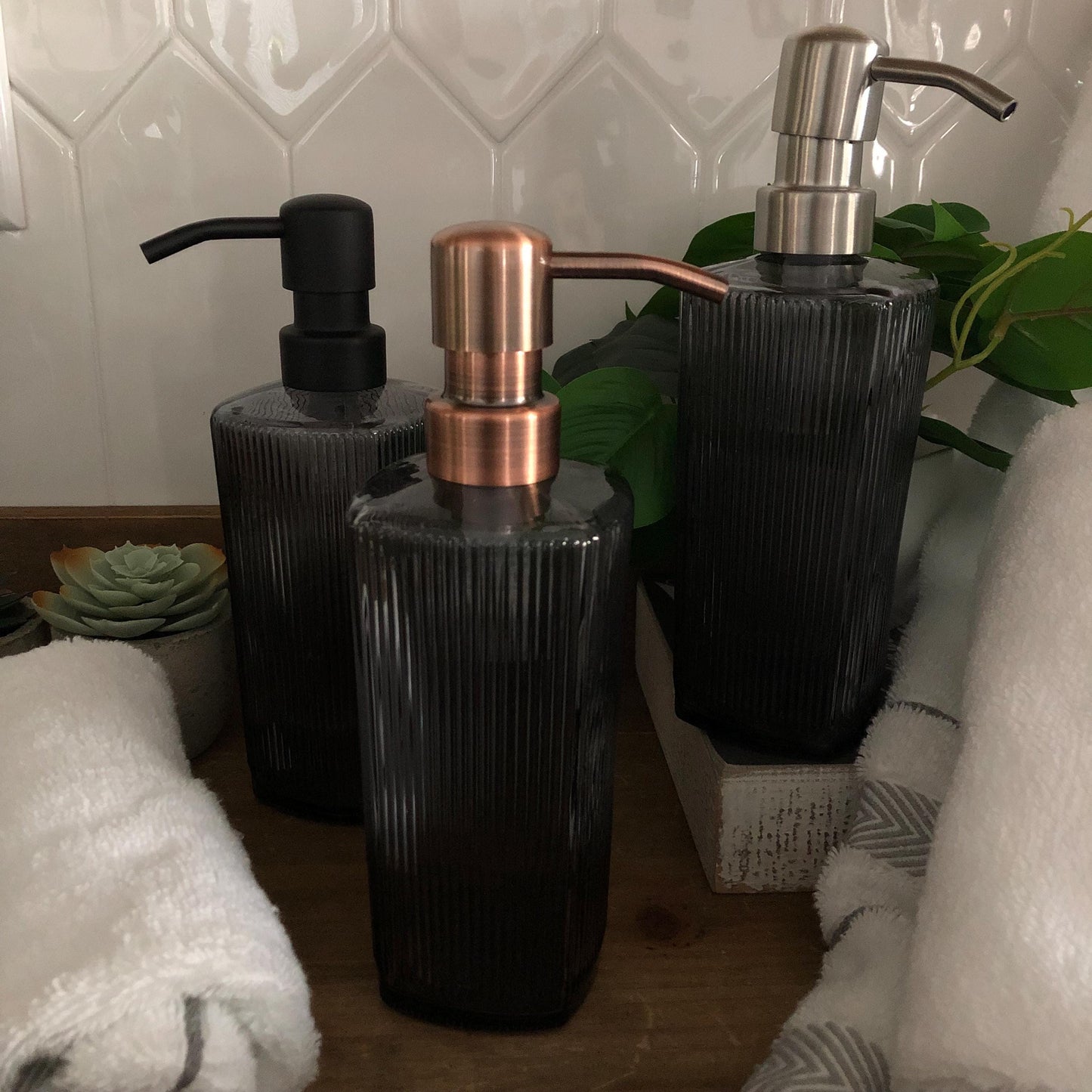 Winslow Fluted Glass Soap Dispenser – Ribbed Parisian Style, Refillable Stainless Steel Pump, Bathroom Decor