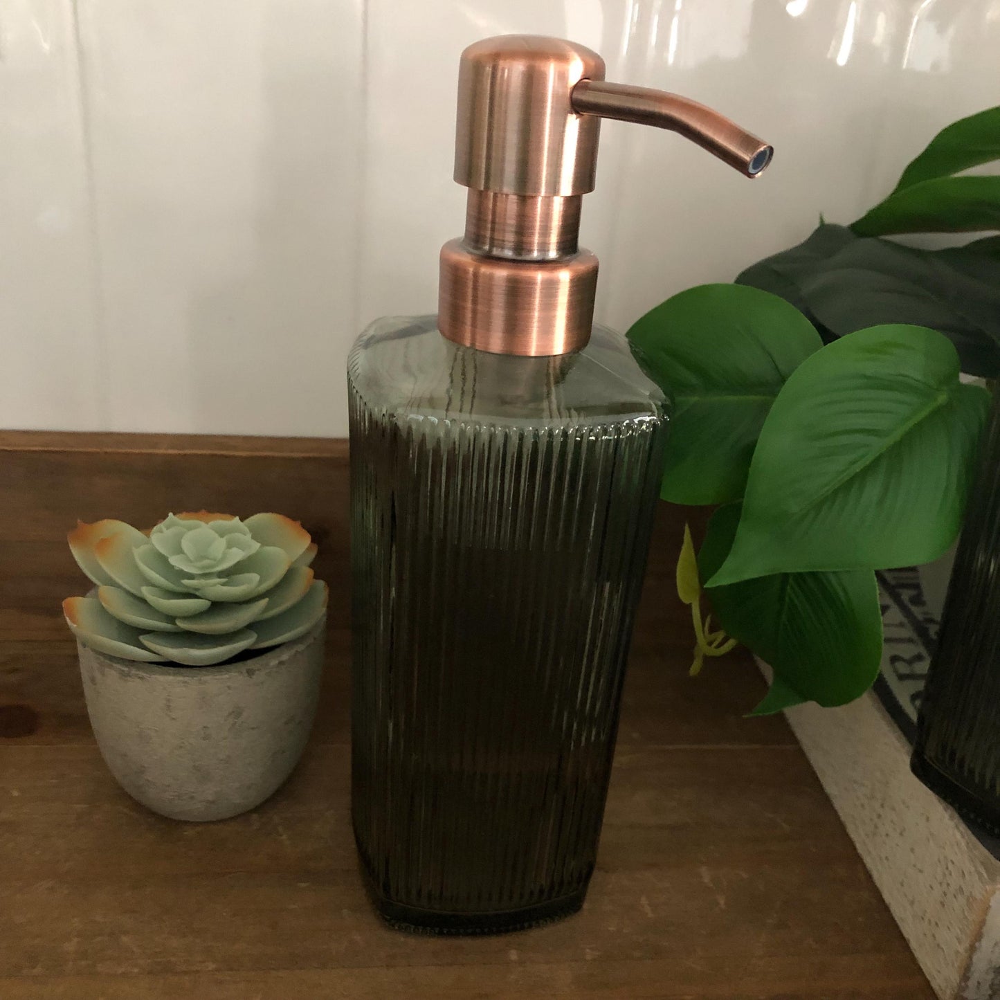 Winslow Fluted Green Glass Soap Dispenser – Ribbed Parisian Style,  Modern Bathroom Decor