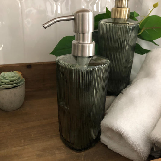 Winslow Fluted Green Glass Soap Dispenser – Ribbed Parisian Style,  Modern Bathroom Decor