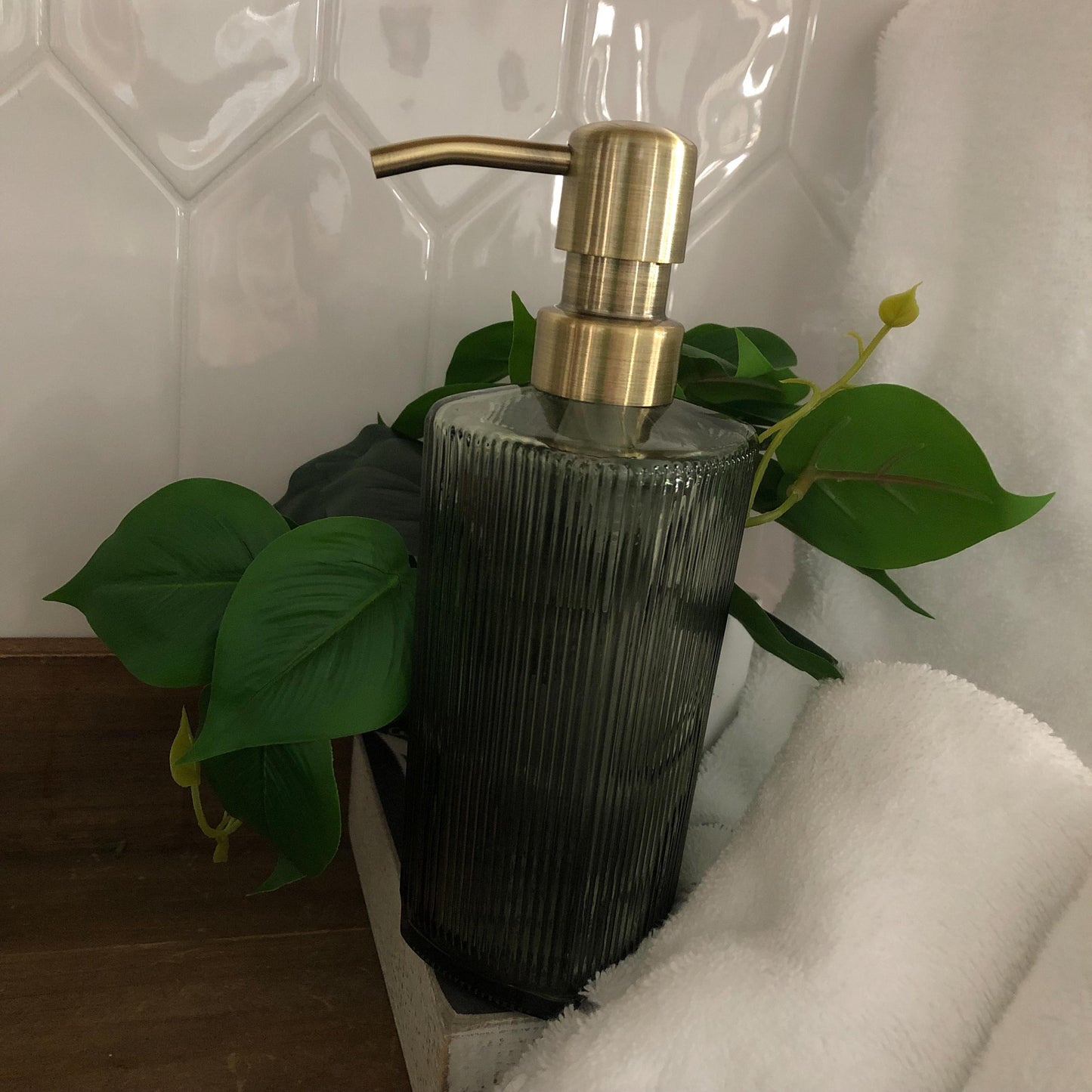 Winslow Fluted Green Glass Soap Dispenser – Ribbed Parisian Style,  Modern Bathroom Decor