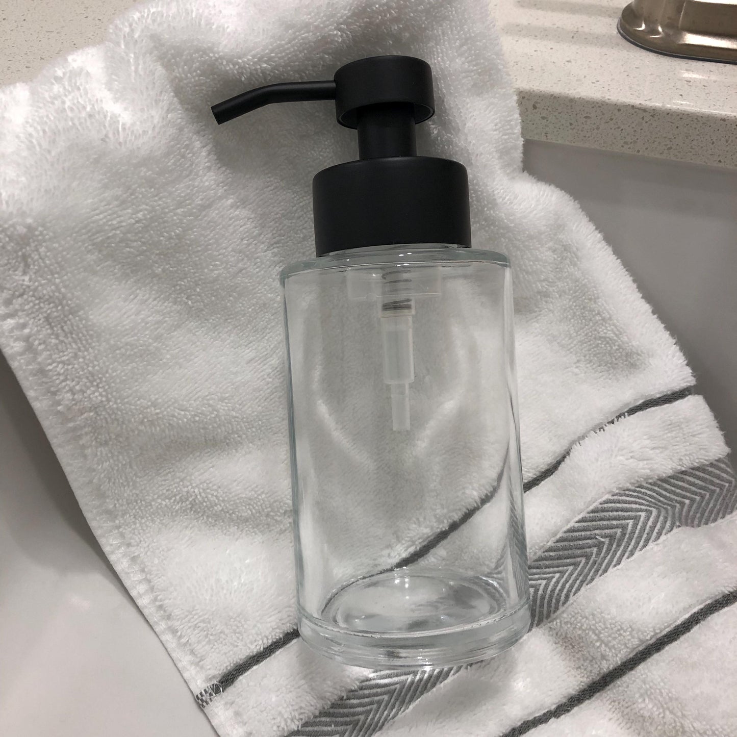 Hollis Glass Foaming Soap Dispenser | Black Stainless Steel Pump, Refillable Bottle, Apothecary Decor
