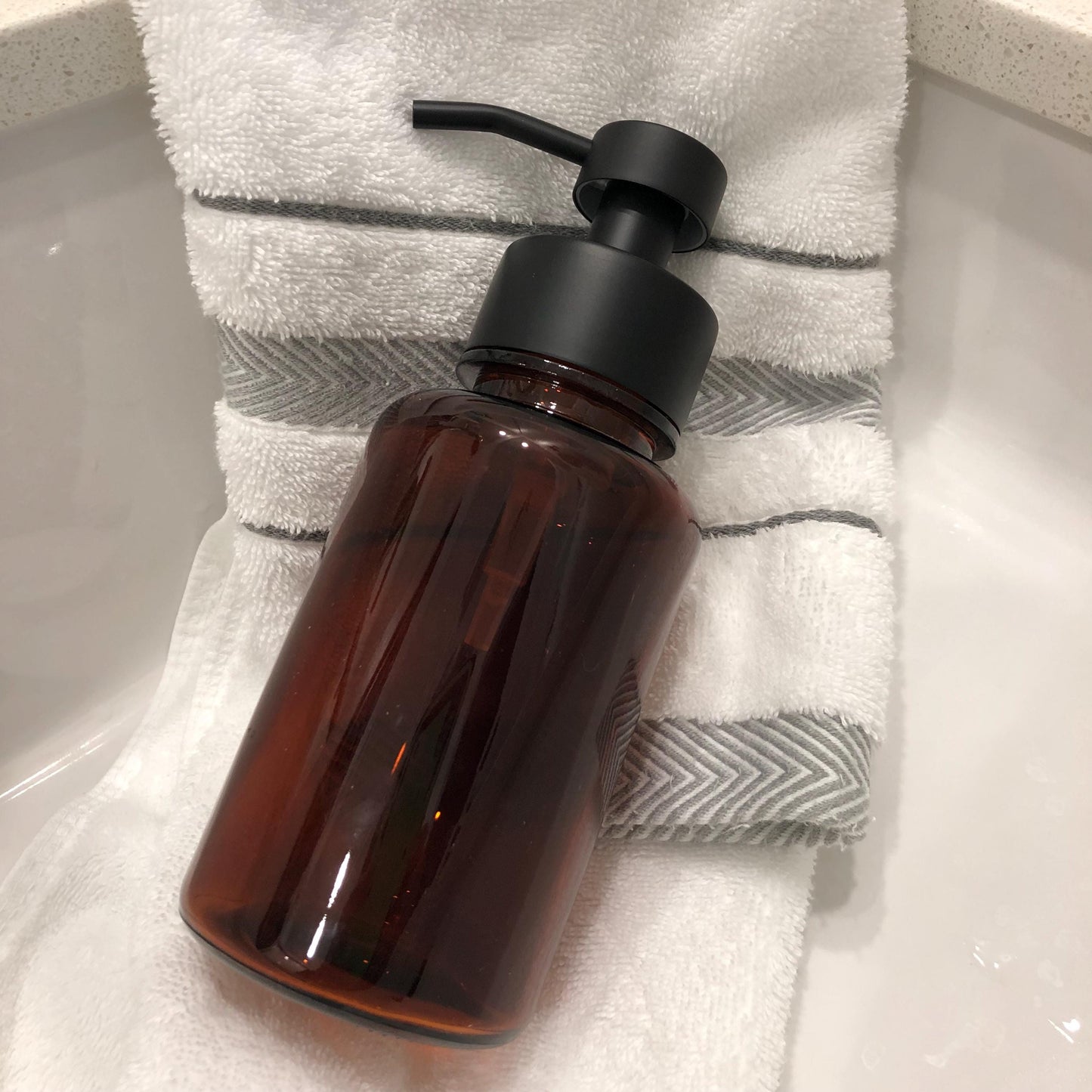 Hollis Amber Glass Foaming Soap Dispenser | Black Stainless Steel Pump, Apothecary Decor