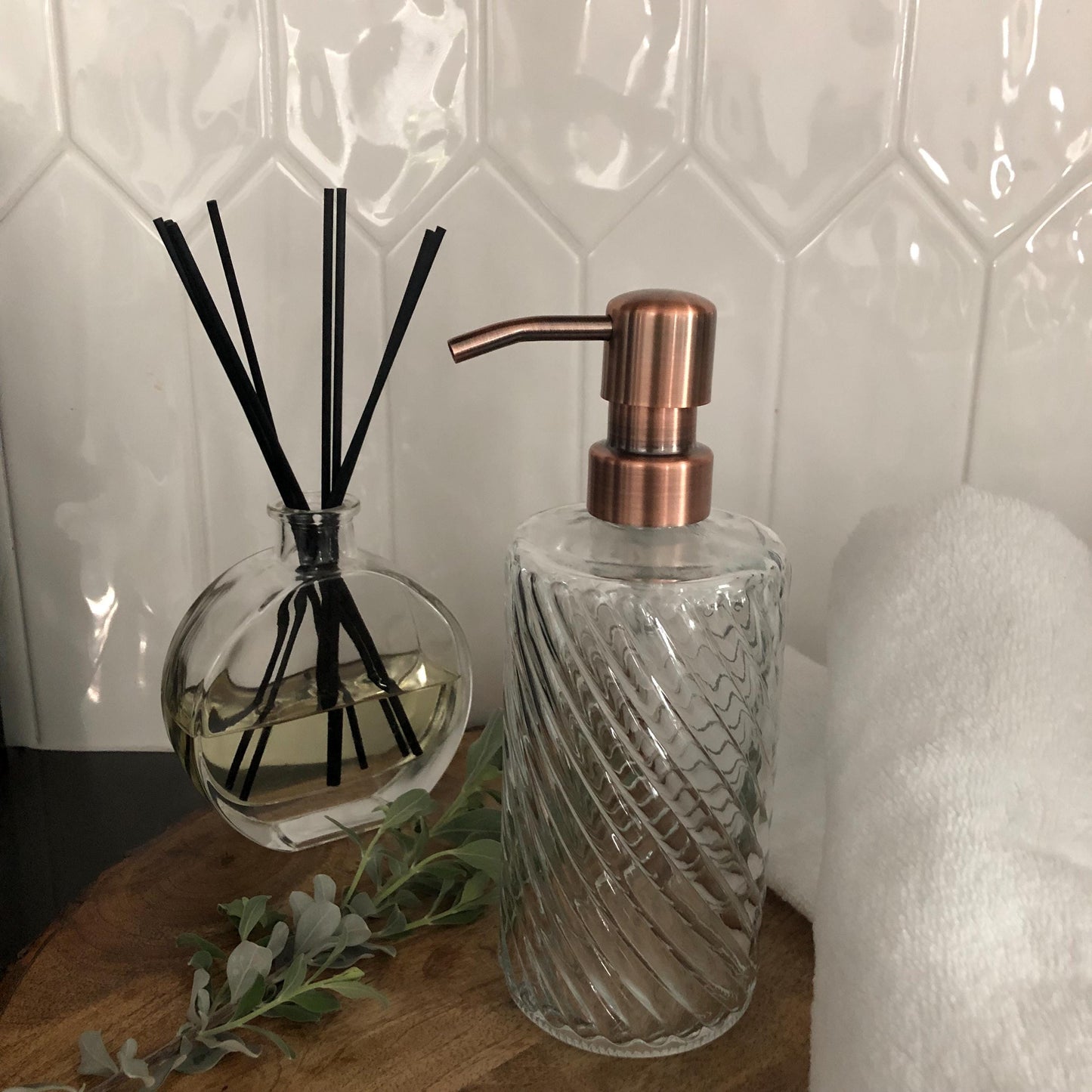 Luna Glass Soap Dispenser – 12oz / 350ml Fluted Spiral Bottle with Stainless Steel Pump