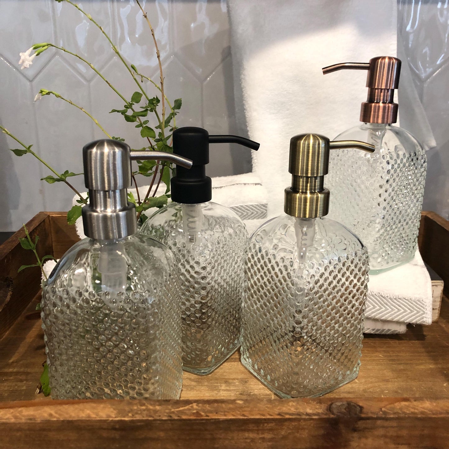 Pearl Glass Soap Dispenser – 12oz / 350ml Hobnail Fluted textured Bottle with Stainless Steel Pump