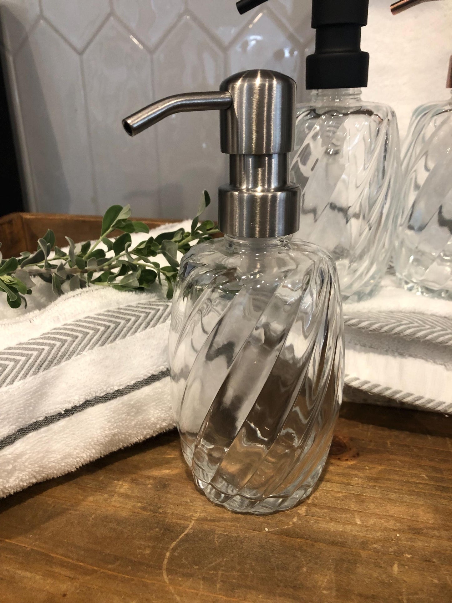 Luna Spiral Glass Soap Dispenser – 12oz / 350ml Fluted Textured Bottle with Stainless Steel Pump