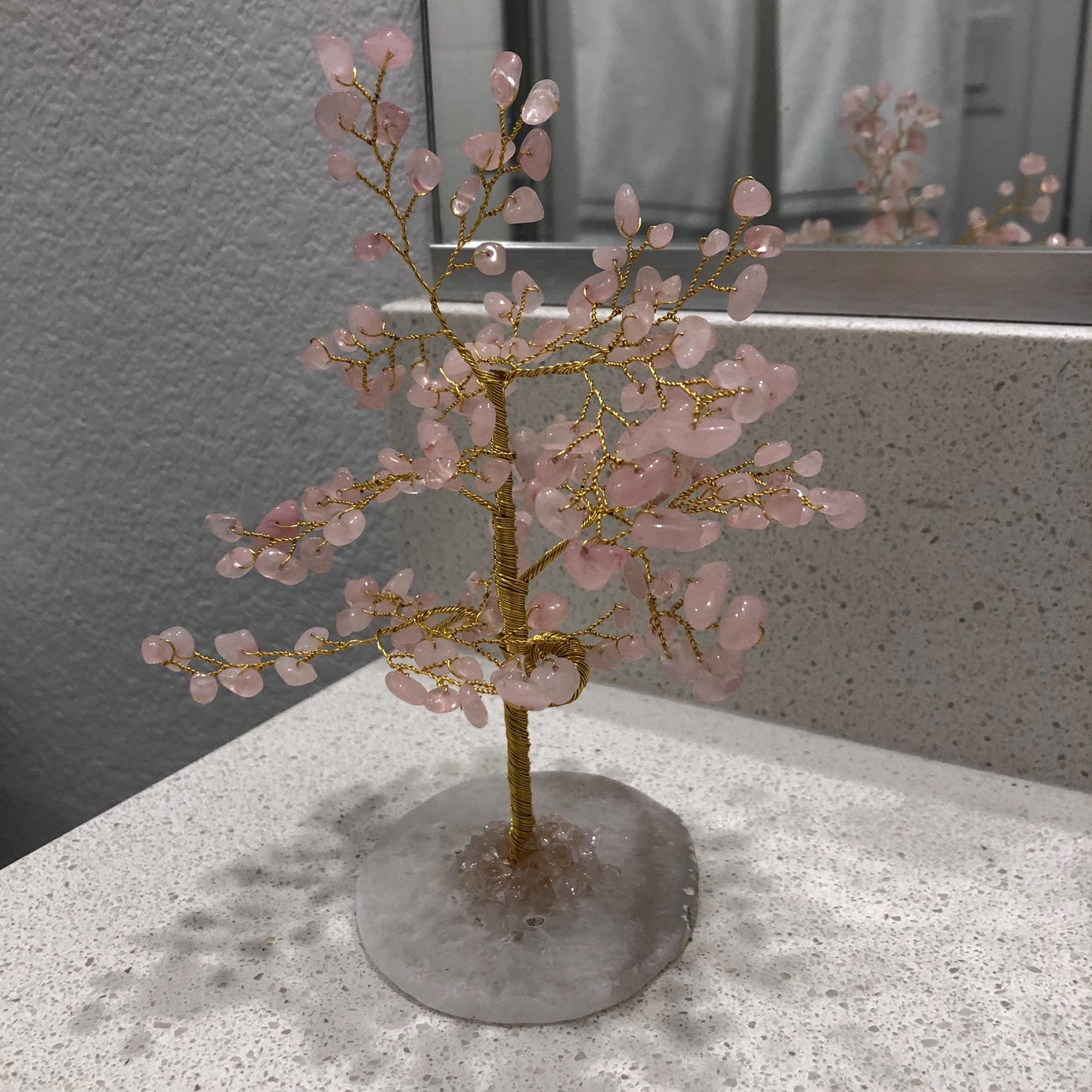 Rose Quartz Crystal Feng Shui Tree – Agate Base, Good Luck & Positive Energy, Home Decor