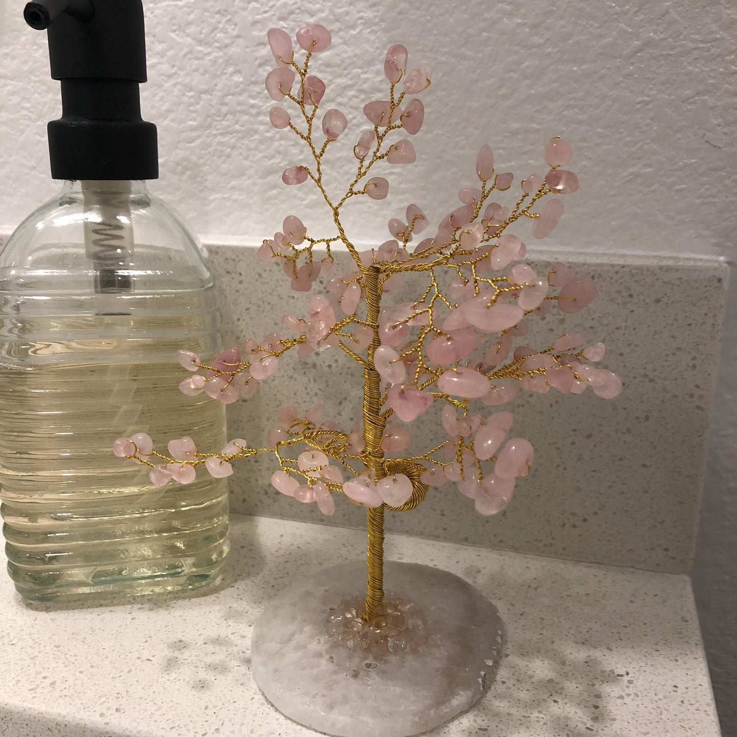 Rose Quartz Crystal Feng Shui Tree – Agate Base, Good Luck & Positive Energy, Home Decor