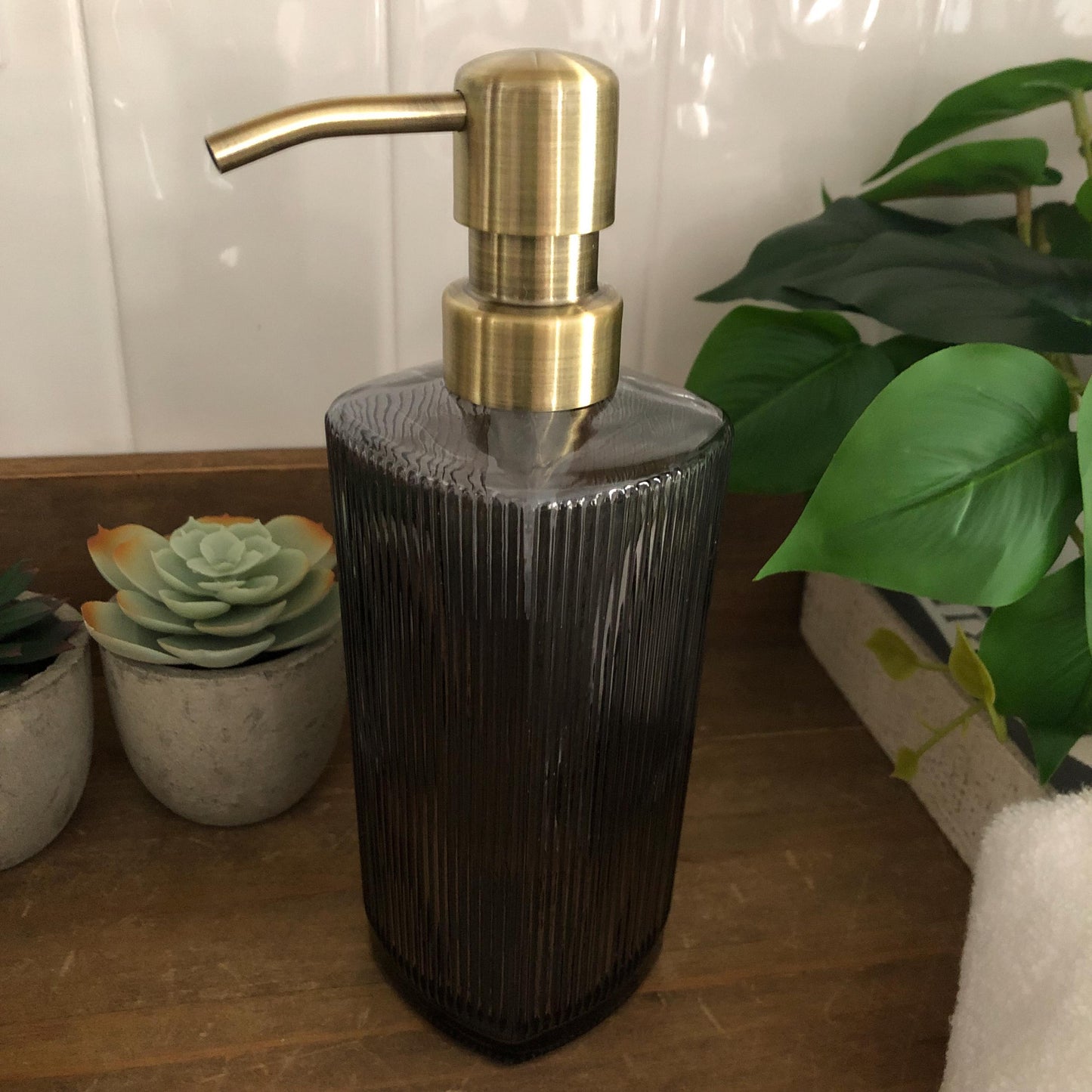 Winslow Fluted Glass Soap Dispenser – Ribbed Parisian Style, Refillable Stainless Steel Pump, Bathroom Decor
