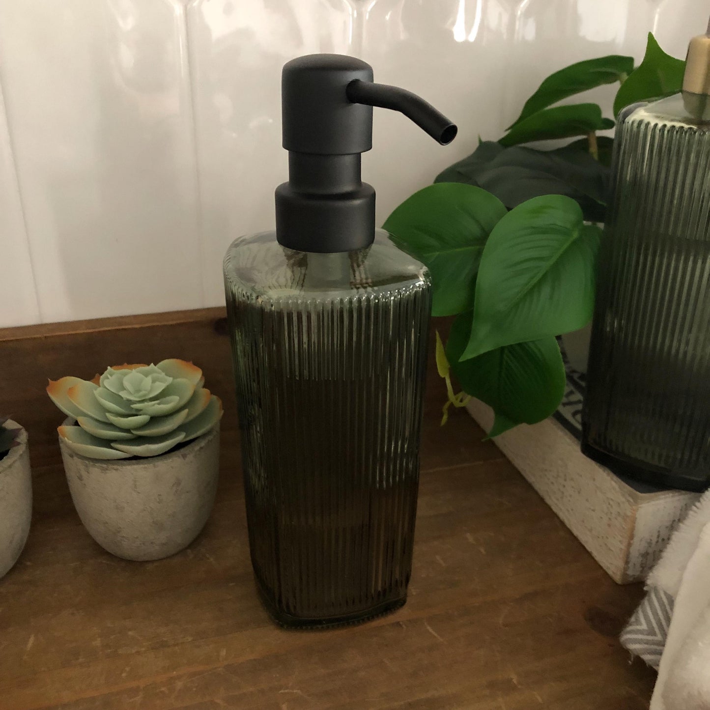 Winslow Fluted Green Glass Soap Dispenser – Ribbed Parisian Style,  Modern Bathroom Decor
