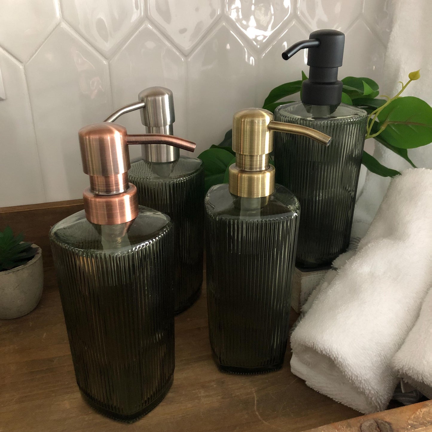 Winslow Fluted Green Glass Soap Dispenser – Ribbed Parisian Style,  Modern Bathroom Decor