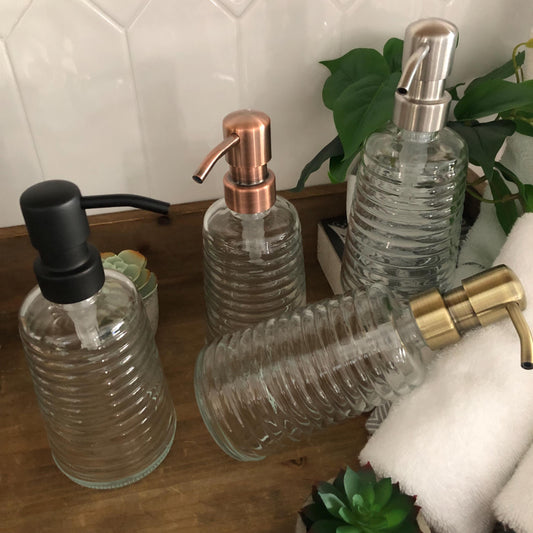 Hive Glass Soap Dispenser – Fluted Beehive Design, Ribbed Glass, Vintage Modern Bathroom Kitchen Decor
