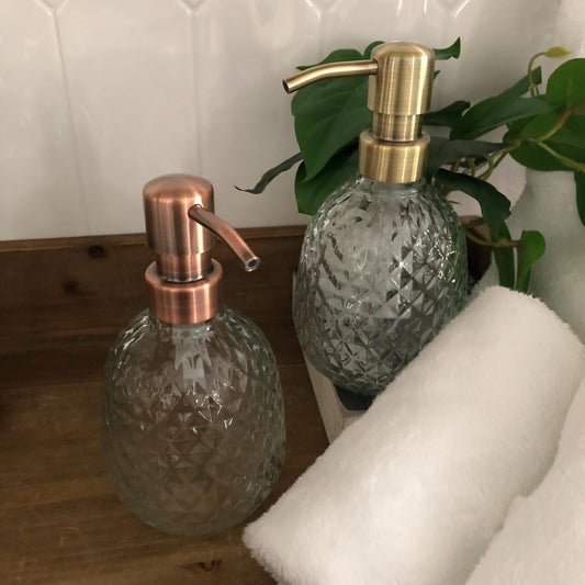 Prism Glass Soap Dispenser – Diamond Fluted Design, Vintage Parisian Style, Elegant Bathroom Decor