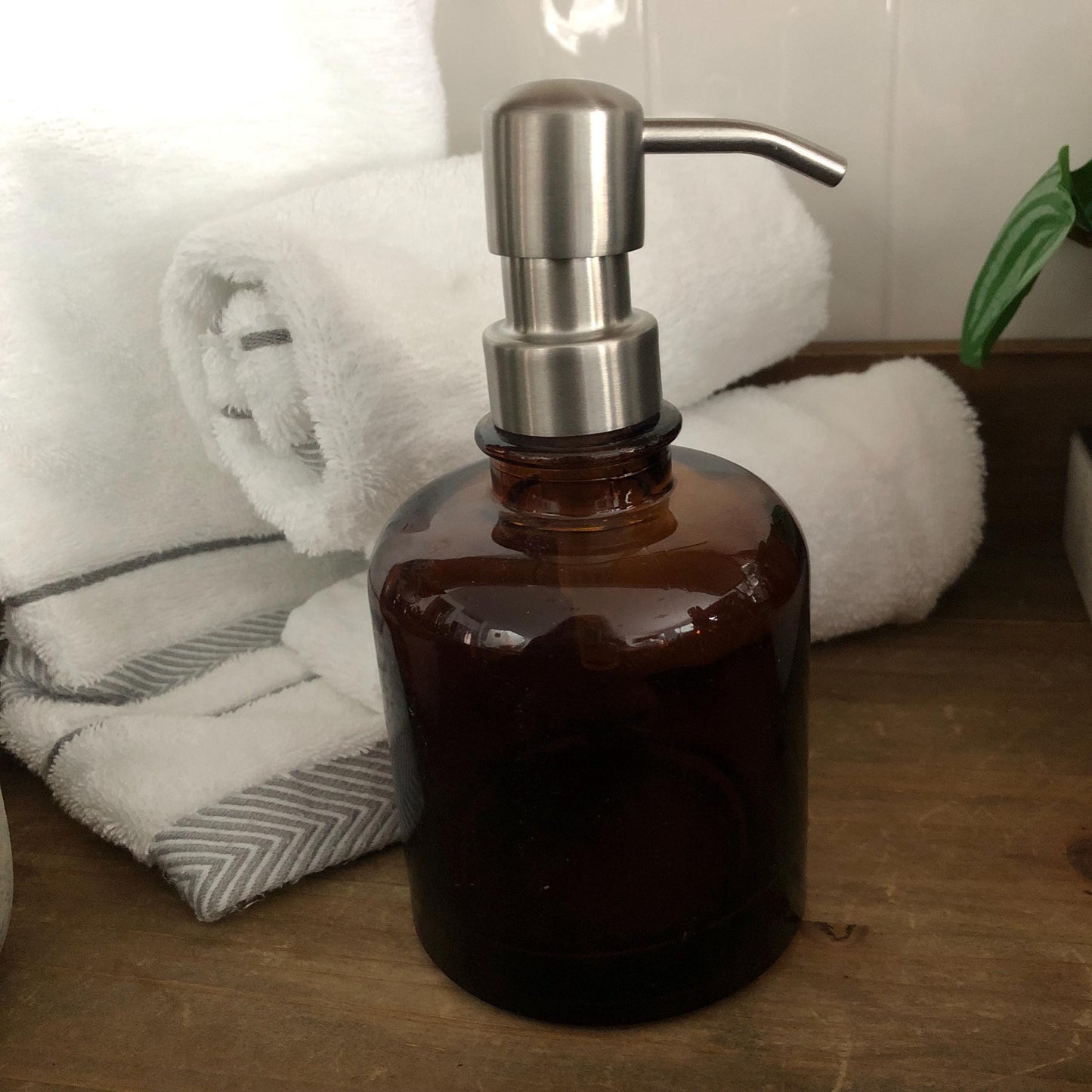 Rondelle Amber Glass Soap Dispenser – Boston Round Apothecary Style Bathroom Decor