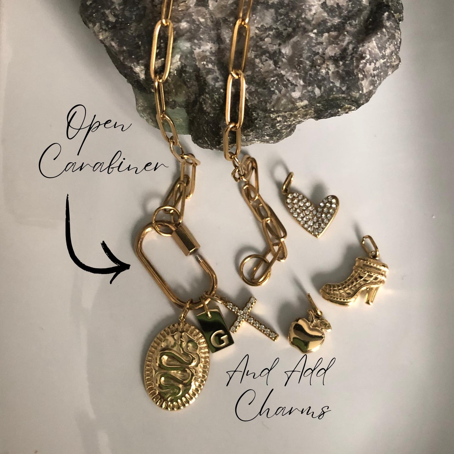 18KT Gold PVD Stainless Steel Charm Necklace, Personalized Initials, Birthstones, Celestial (Waterproof)