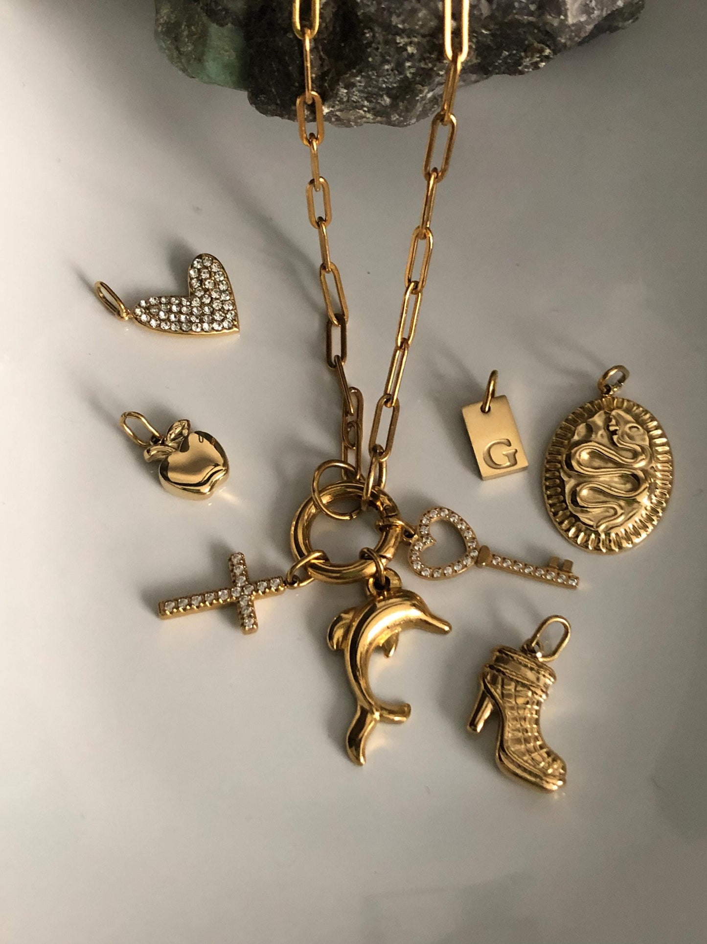 18KT Gold PVD Stainless Steel Charm Necklace | Customizable Storytelling Jewelry Paperclip Chain